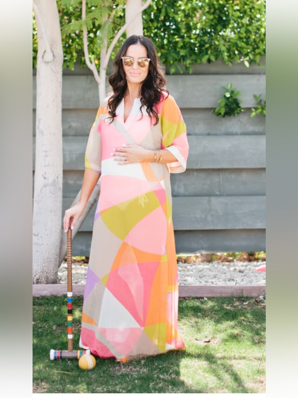Trina Turk Colorful Abstract Geometric Mod Chiffon Maxi Caftan Dress size 6
